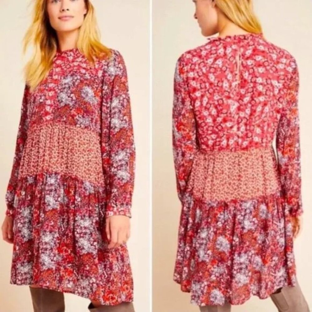 Maeve Anthropologie Esther Red and White Tiered Floral Dress Size 1X Loose Fit